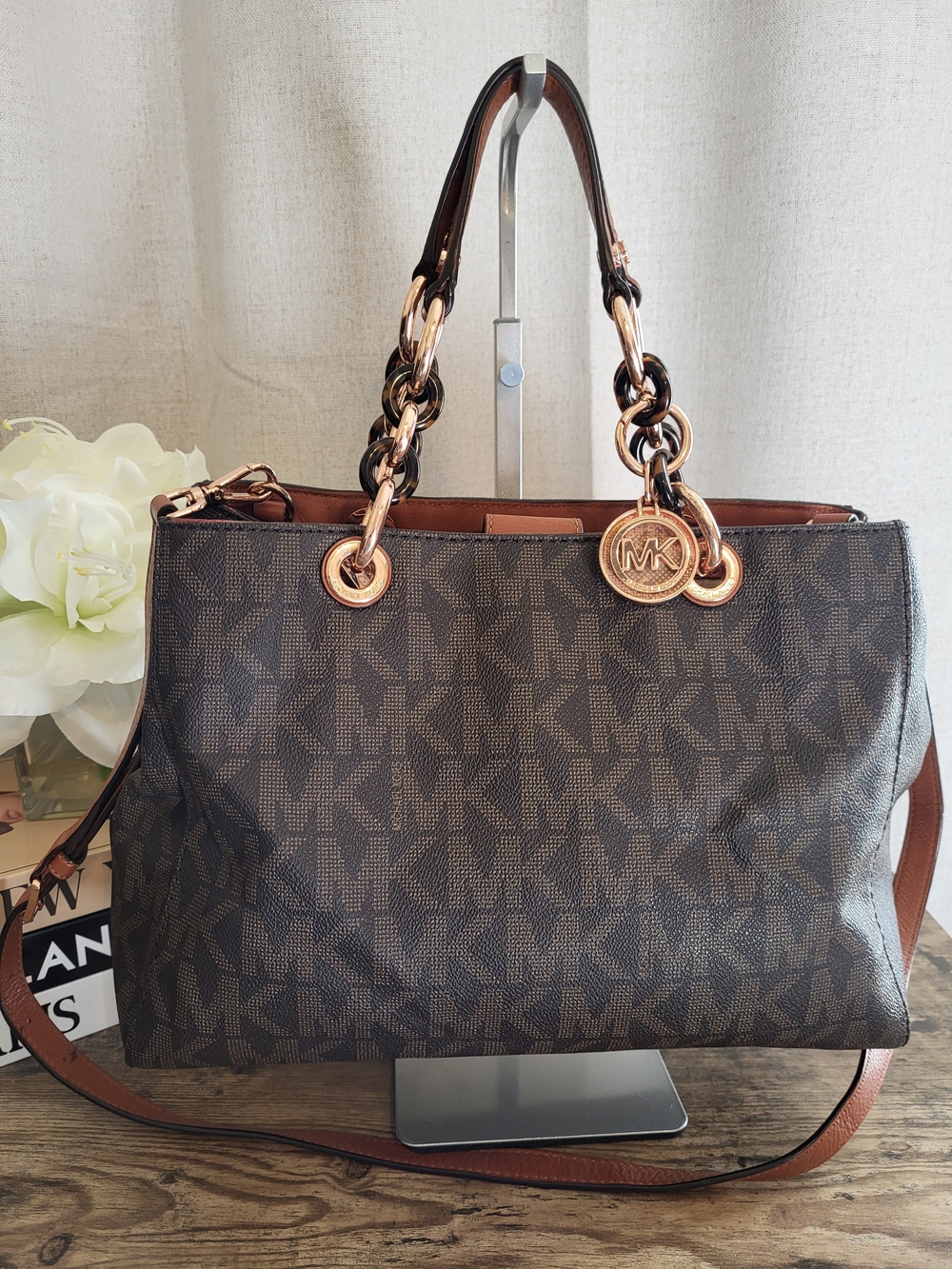 Michael Kors Brown Logo Cynthia Shoulder Bag with Chain Detail